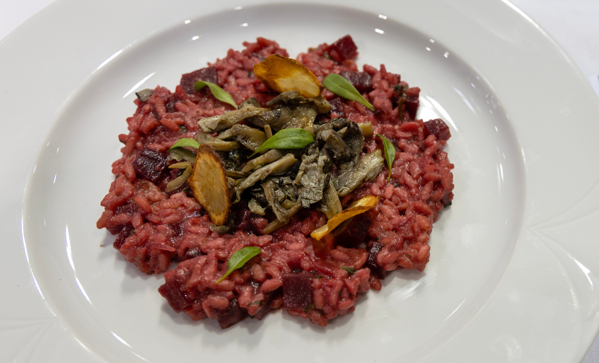 Bíbor harmónia – sült céklás rizottó laskagombával, csicsókachips-szel - Év Mentes Séfje 2026 amatőr kategória döntő - Boros Mariann főétele