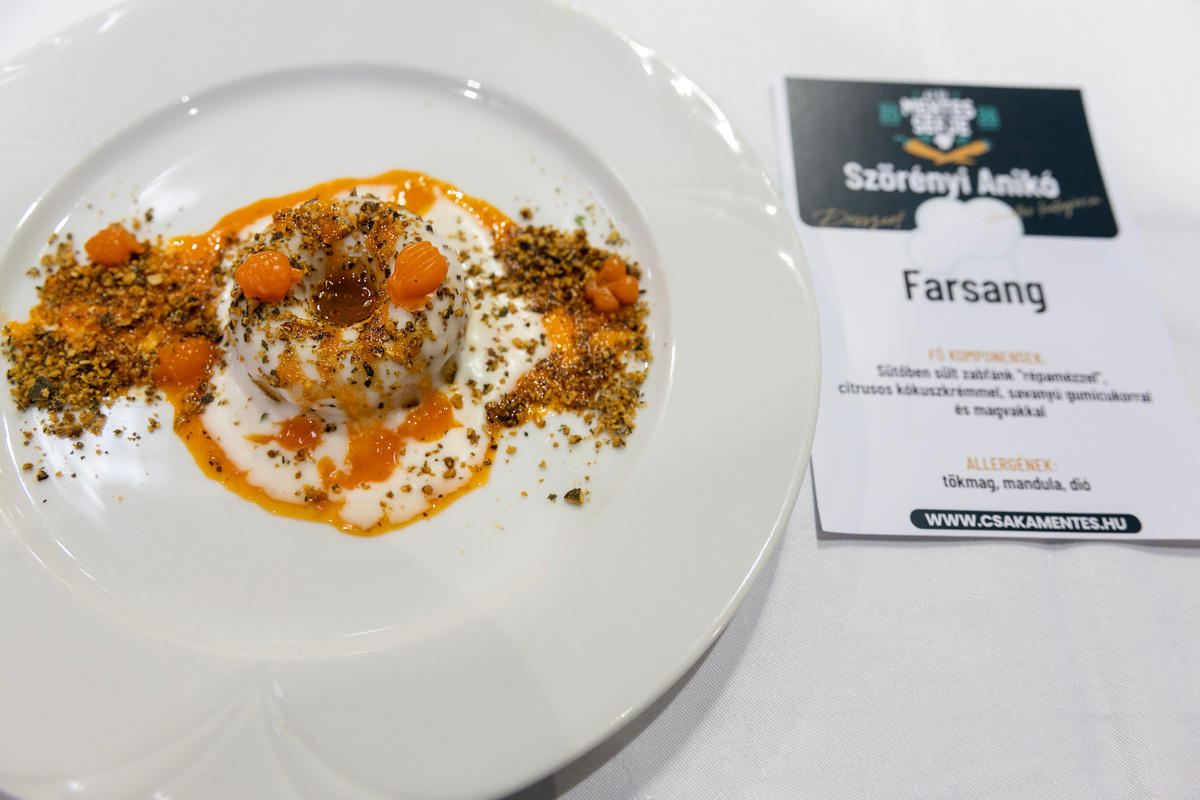 Fűszeres zabfánk citrusos kókuszkrémmel, répamézzel és gumicukorral - Év Mentes Séfje 2026 amatőr kategória döntő - Szörényi Anikó desszertje