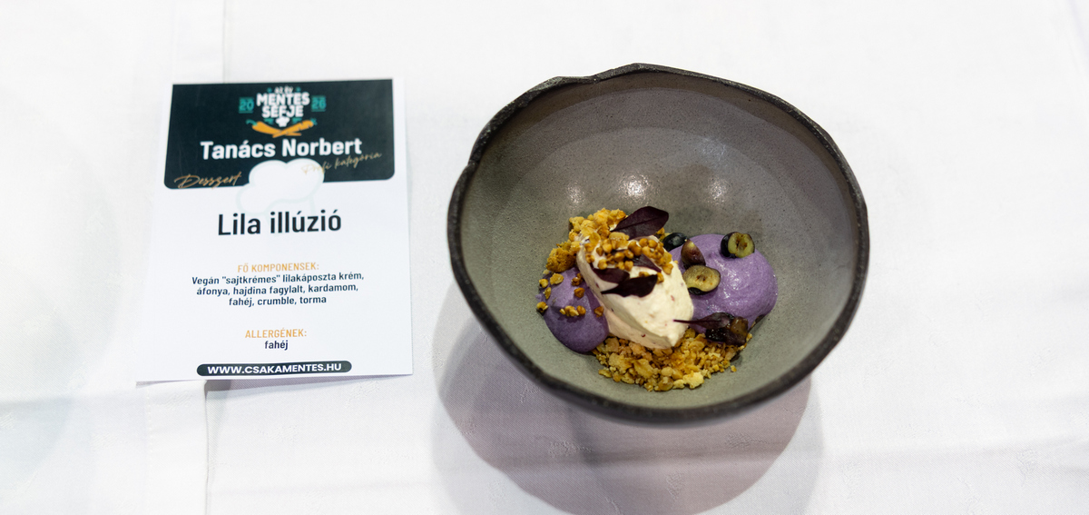 Lila illúzió - Vegán sajtkémes desszert - Év Mentes Séfje 2026 profi kategória fenntarthatósági különdíj - Tanács Norbert desszertje