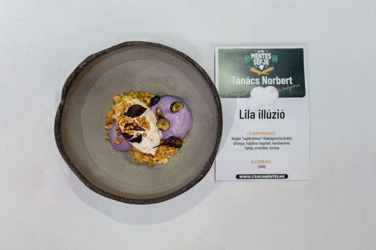 Lila illúzió - Vegán sajtkémes desszert - Év Mentes Séfje 2026 profi kategória fenntarthatósági különdíj - Tanács Norbert desszertje
